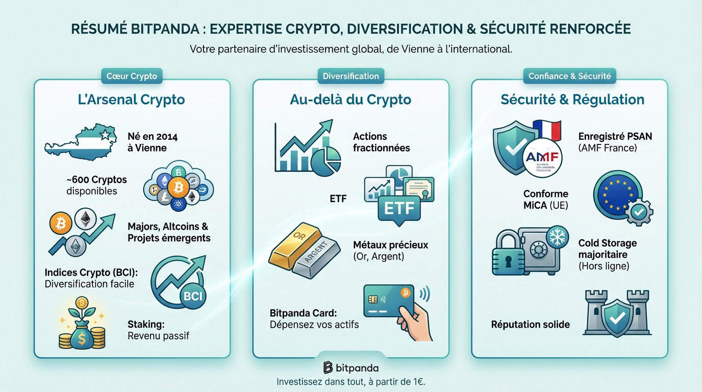 Interface de Bitpanda montrant la diversification des actifs crypto et la sécurité du portefeuille