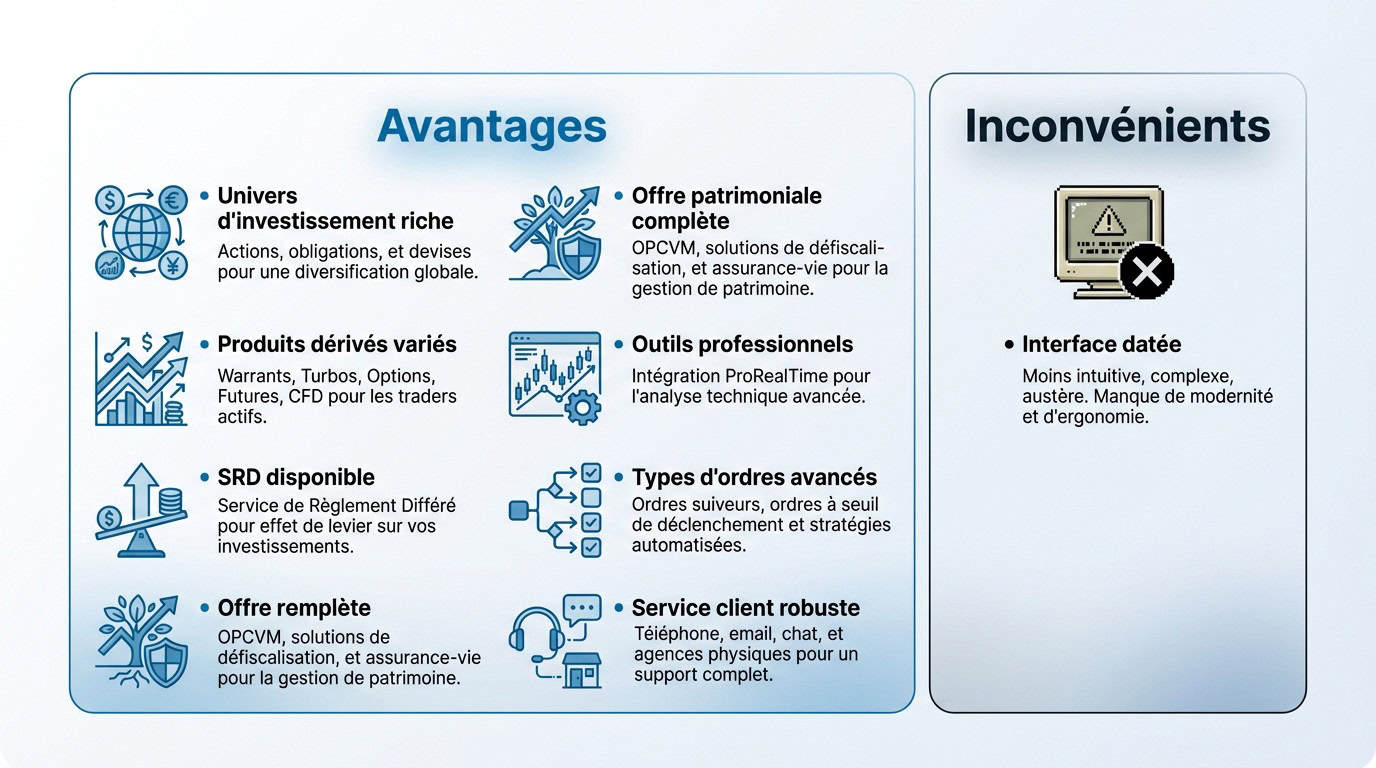 Tableau récapitulatif des avantages et inconvénients de Bourse Direct pour les traders actifs