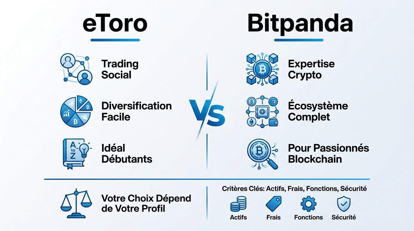 Comparatif visuel mettant en avant le duel entre les plateformes d'investissement Bitpanda et eToro