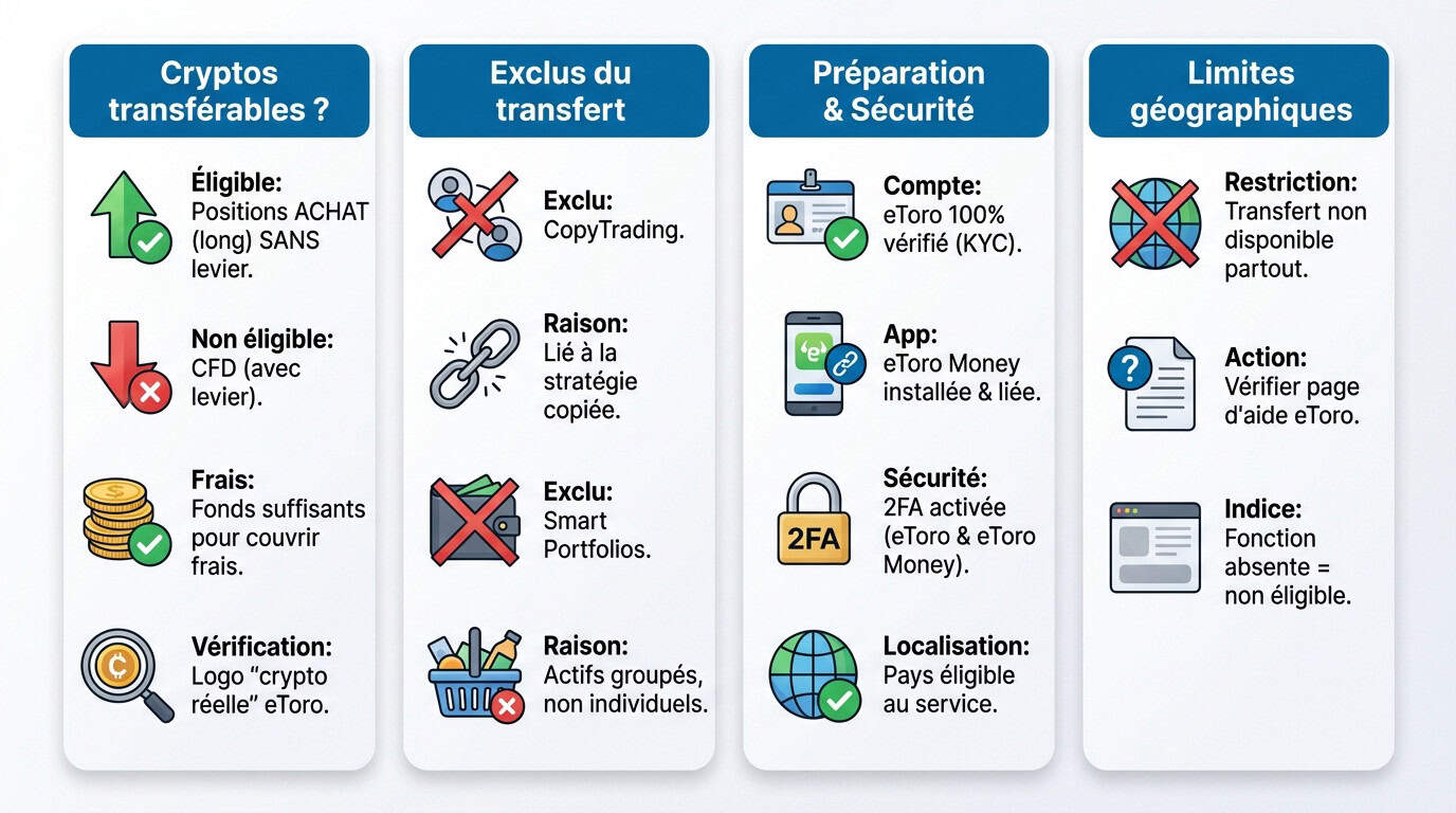 Conditions et prérequis obligatoires pour le transfert de cryptomonnaies sur eToro