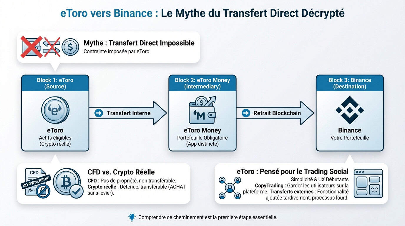 Schéma explicatif montrant l'impossibilité du transfert direct etoro vers binance et la nécessité de passer par l'application intermédiaire