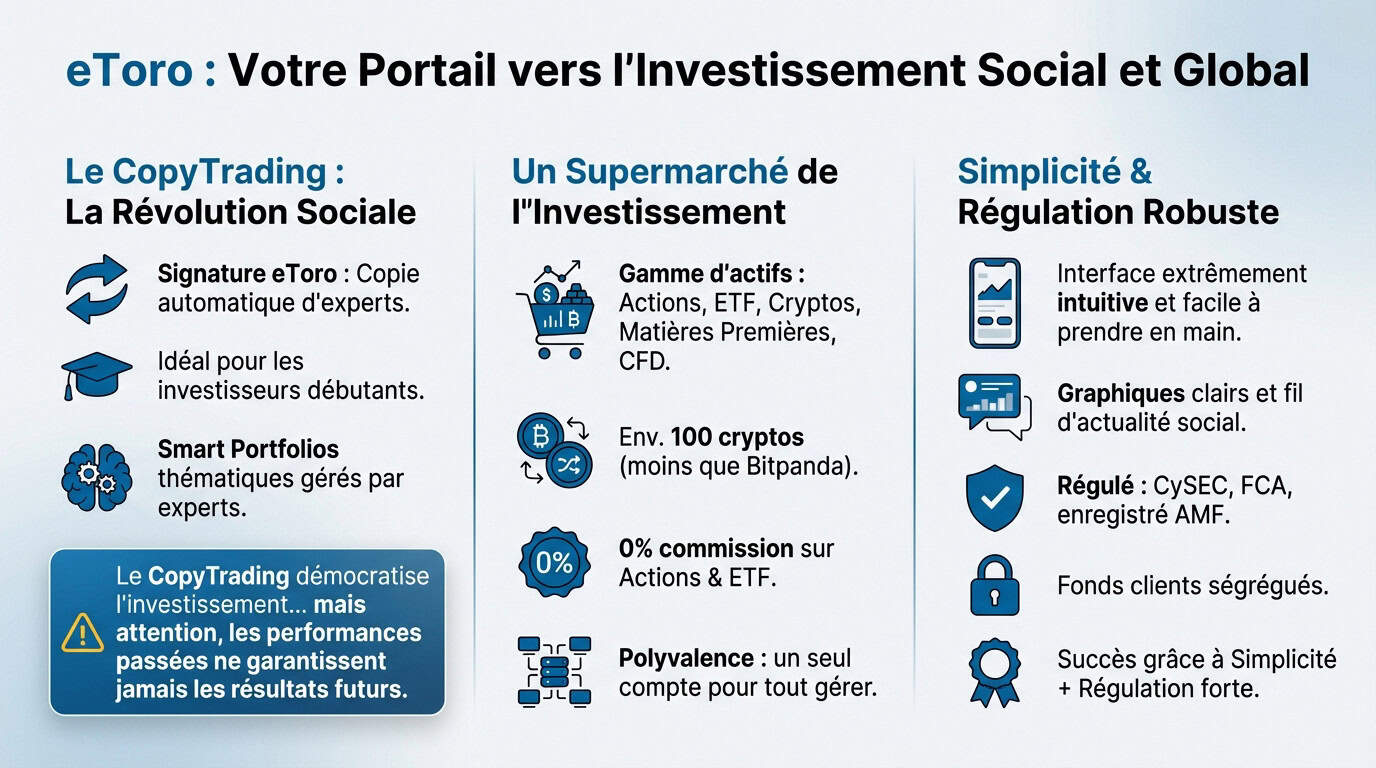 Interface de trading social eToro montrant des actifs diversifiés et le copytrading