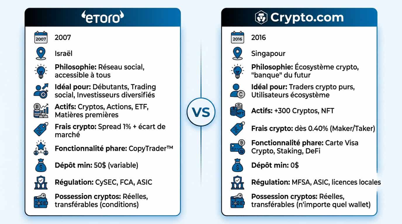 Comparatif détaillé entre les plateformes eToro et Crypto.com pour choisir le meilleur courtier