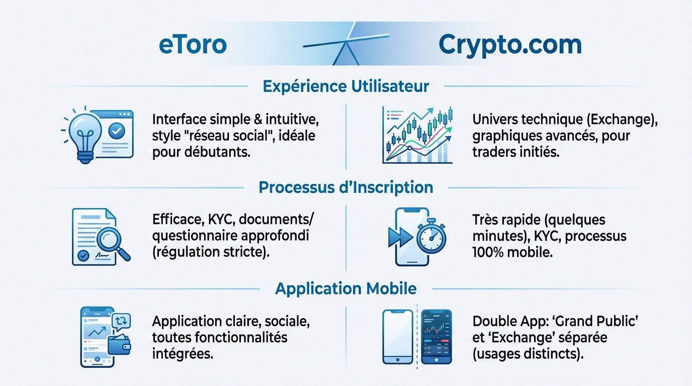 Comparatif interface utilisateur eToro vs Crypto.com : simplicité contre trading avancé