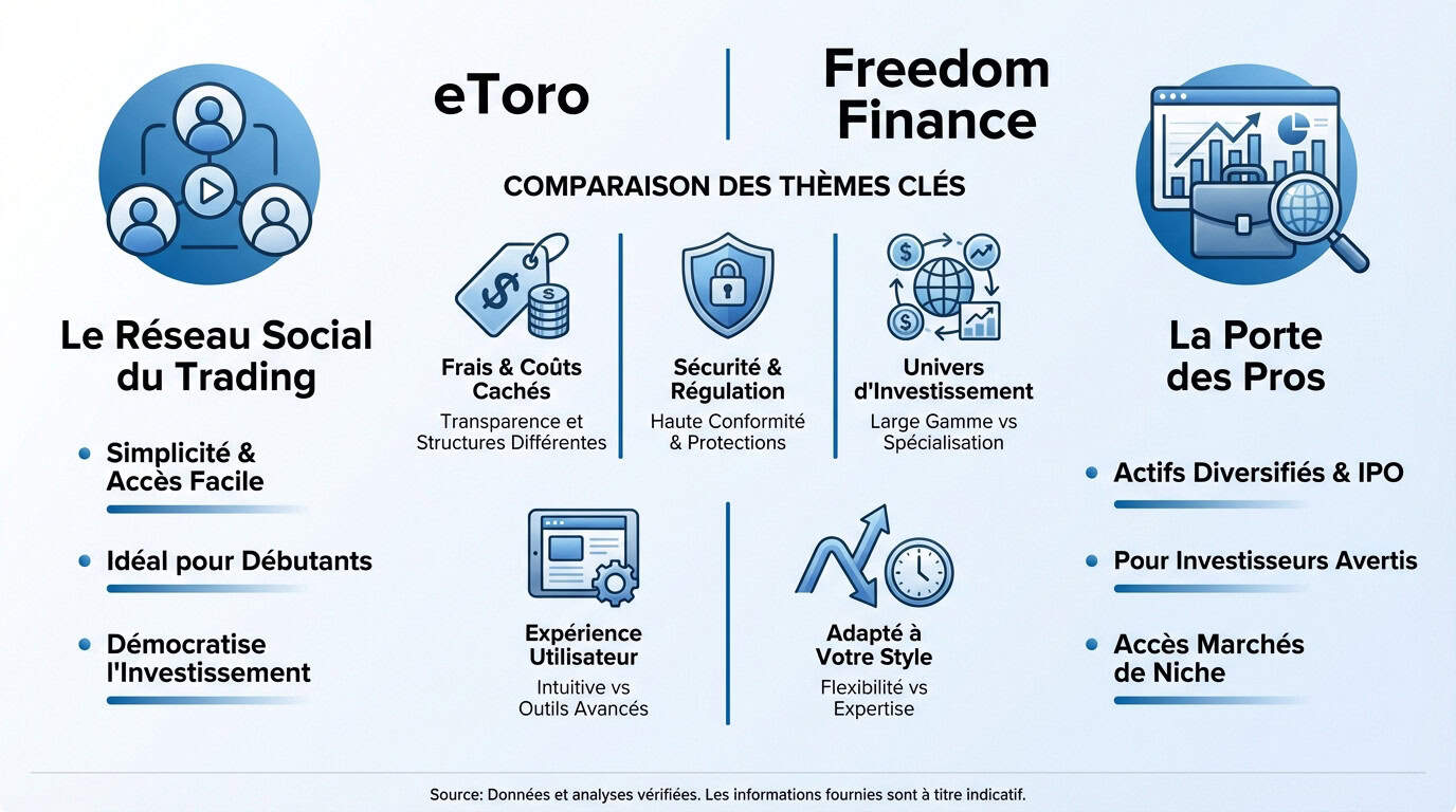 Infographie comparative entre eToro et Freedom Finance montrant les différences clés en trading et investissement