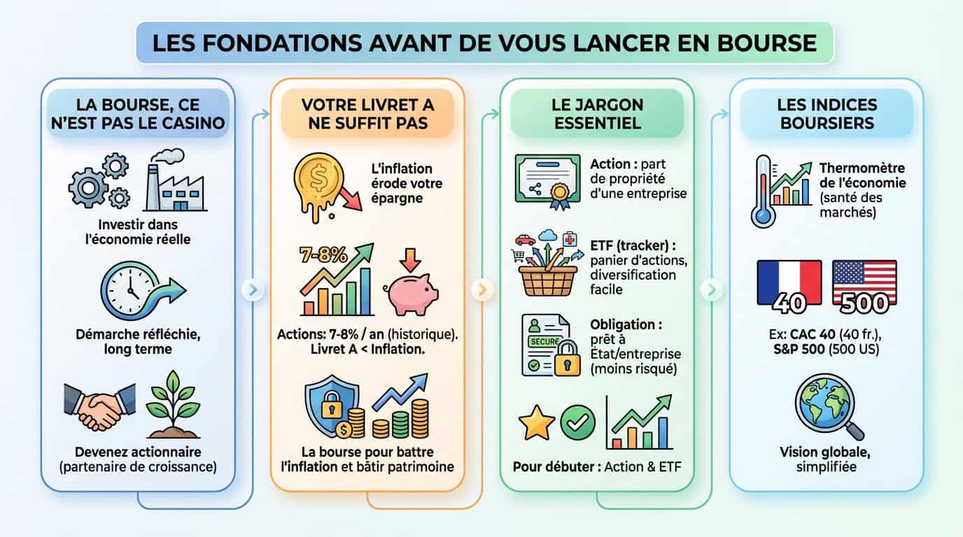Graphique boursier illustrant les bases pour débuter en bourse avec des pièces de monnaie et une plante symbolisant la croissance