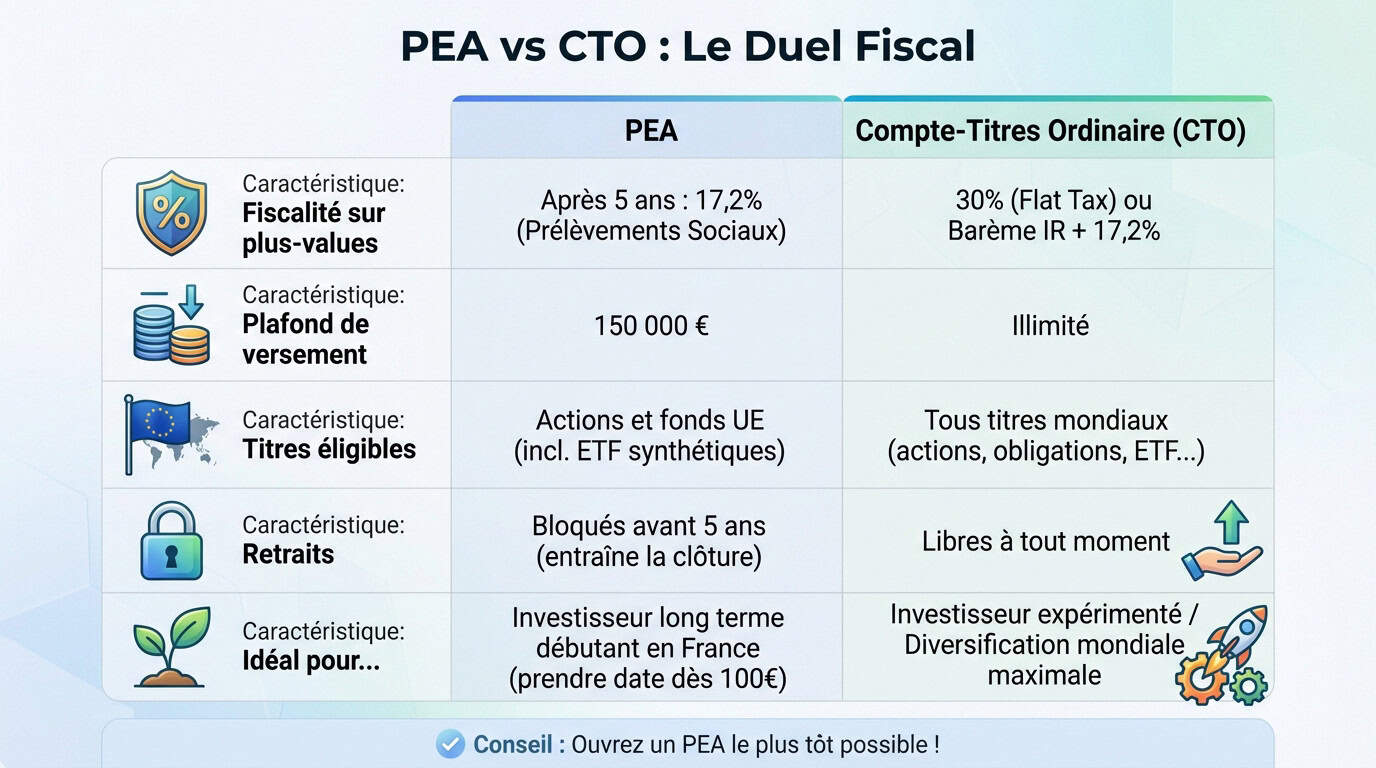 Comparaison fiscale entre le PEA et le Compte-Titres Ordinaire pour choisir la meilleure enveloppe
