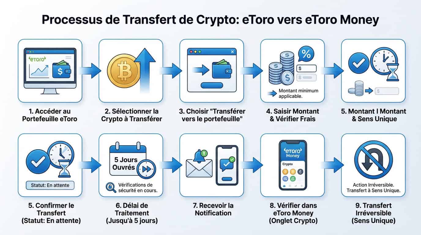 Illustration des étapes de transfert de crypto-monnaies depuis la plateforme eToro vers l'application eToro Money