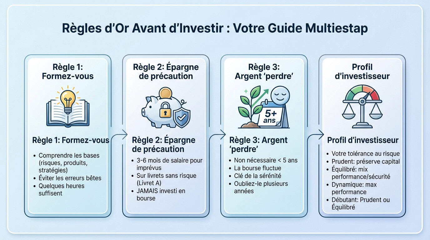 Illustration des trois piliers pour débuter en bourse : formation, épargne de précaution et stratégie