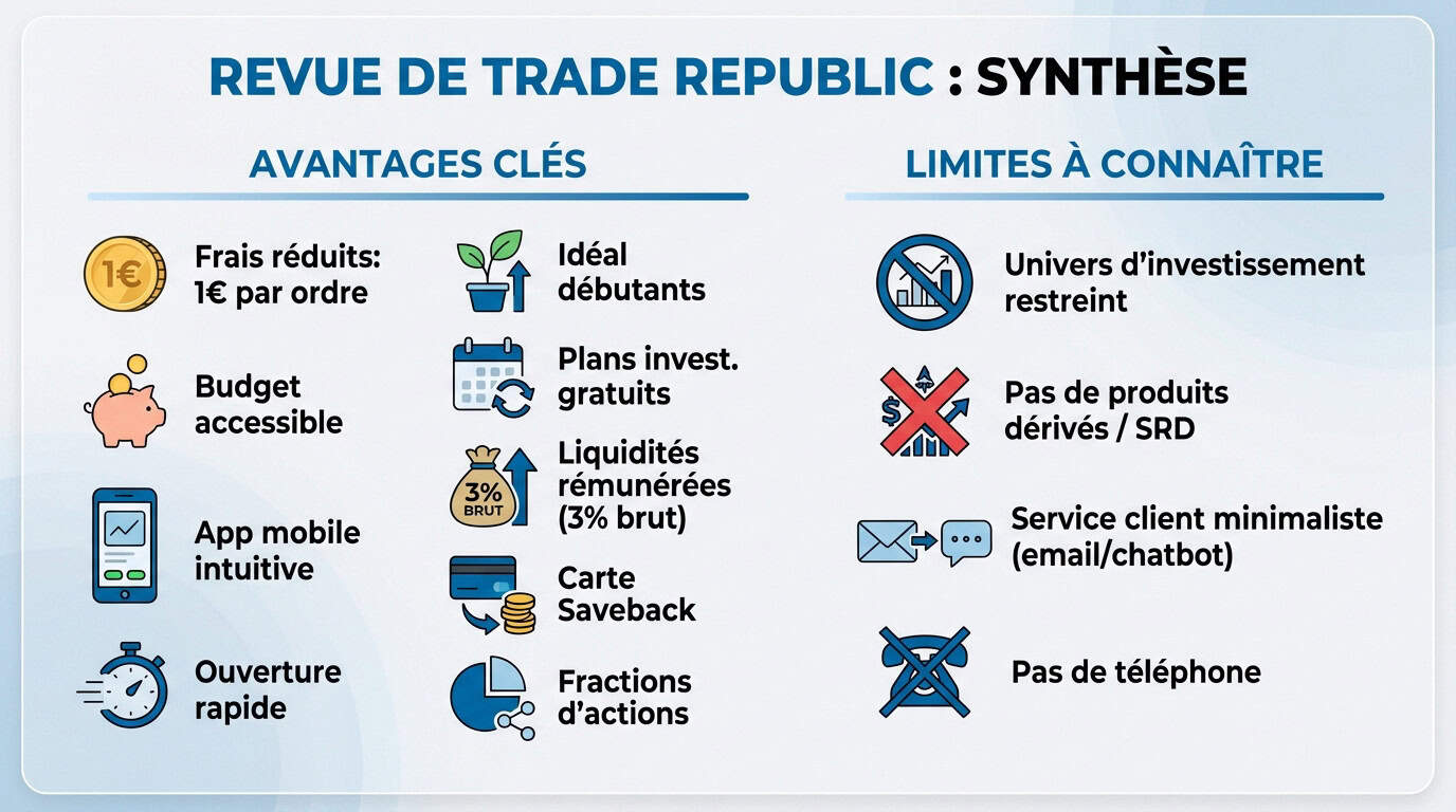Tableau récapitulatif des avantages et inconvénients de Trade Republic pour les investisseurs débutants