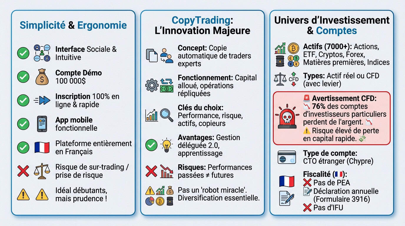 Interface eToro montrant la simplicité du trading social et des investissements