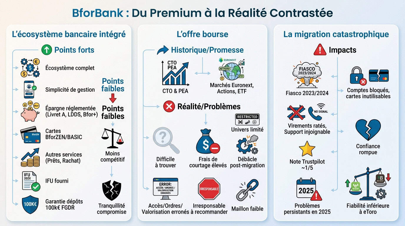 Illustration contrastée entre l'image de marque premium de BforBank et la réalité technique de sa plateforme bancaire