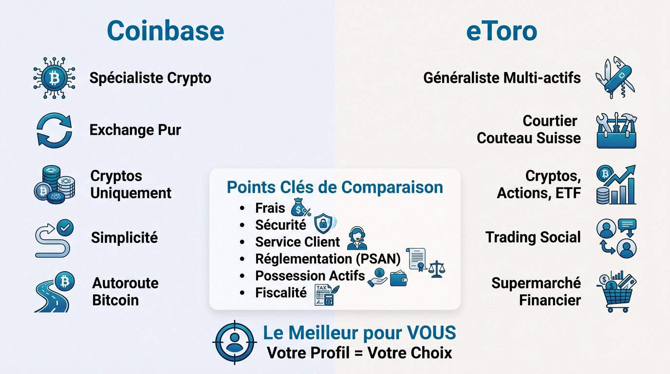 Infographie comparative détaillée entre <strong>Coinbase</strong> et eToro pour choisir sa plateforme crypto