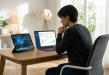 eToro vs BforBank : le choc des modèles en 2026 Person at desk analyzing vibrant trading charts on a tablet and steady investment growth on a laptop in a bright office.