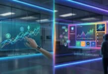 Coinbase vs eToro : Quelle plateforme choisir en 2026 ? Two futuristic financial interfaces. Left: hand on crypto graphs, 'Simplicity.' Right: figure views diverse assets, social trading, 'Diversity.'