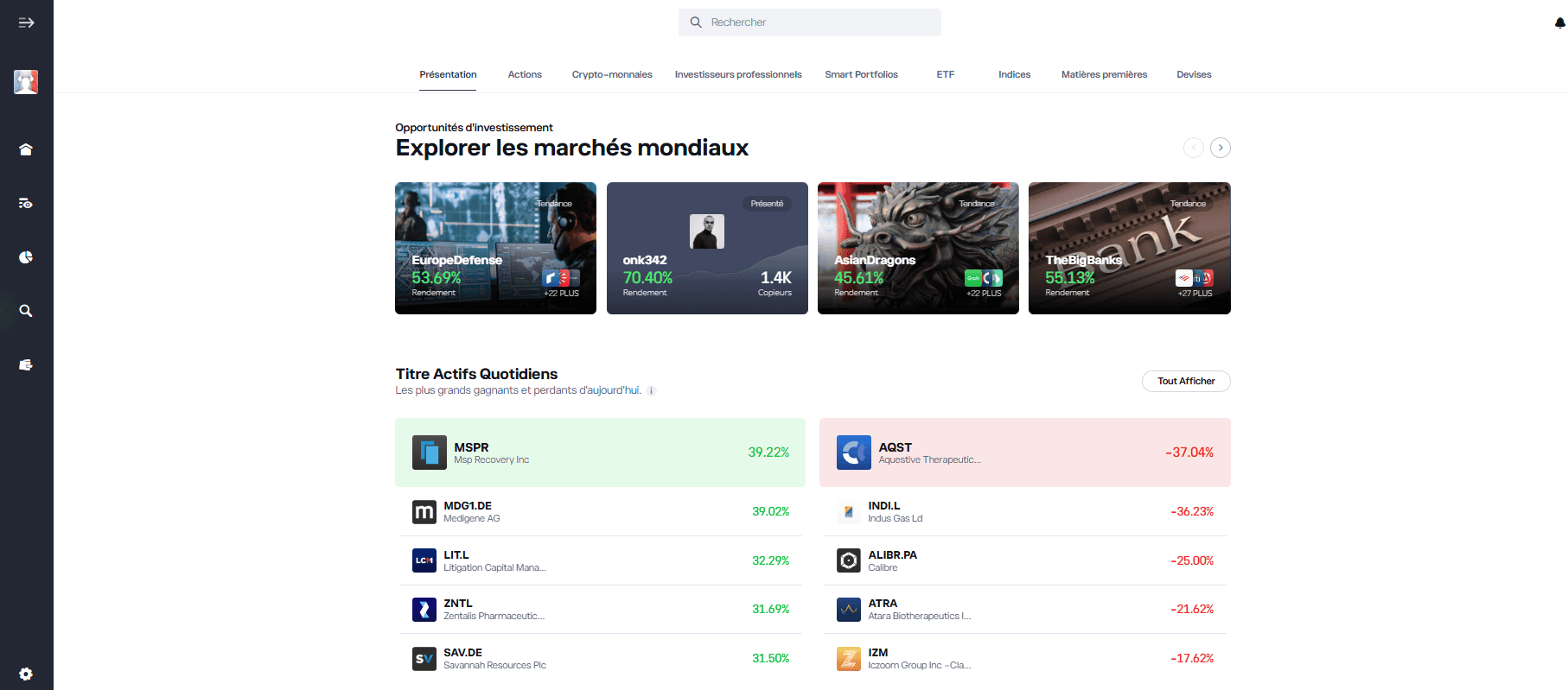 eToro explorer les marchés mondiaux - espace perso