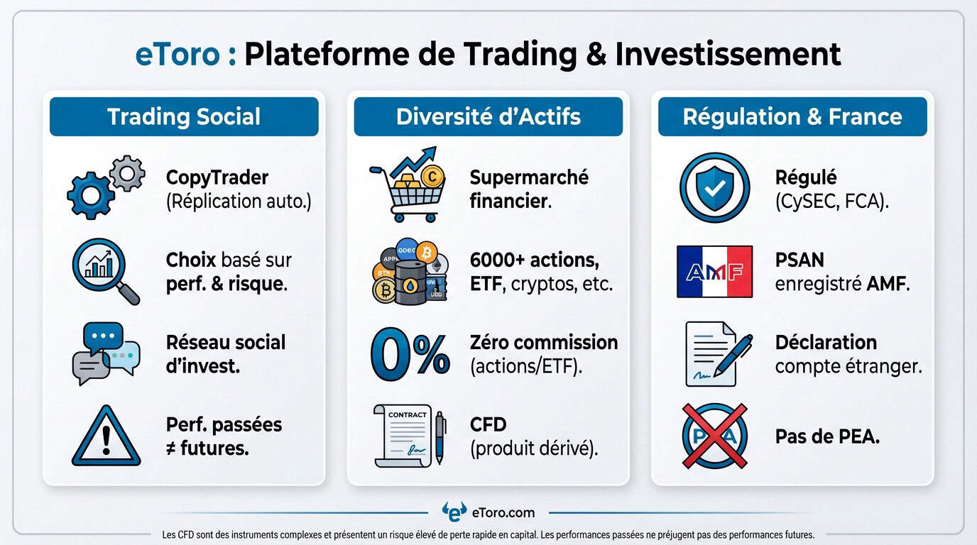 Interface de trading eToro montrant des graphiques boursiers et des options d'investissement social