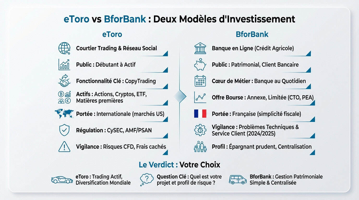 Comparaison visuelle entre le trading social d'eToro et la banque en ligne BforBank