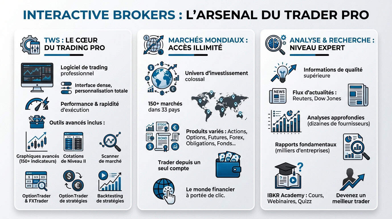 Interface de trading professionnelle Interactive Brokers avec graphiques boursiers complexes sur plusieurs écrans