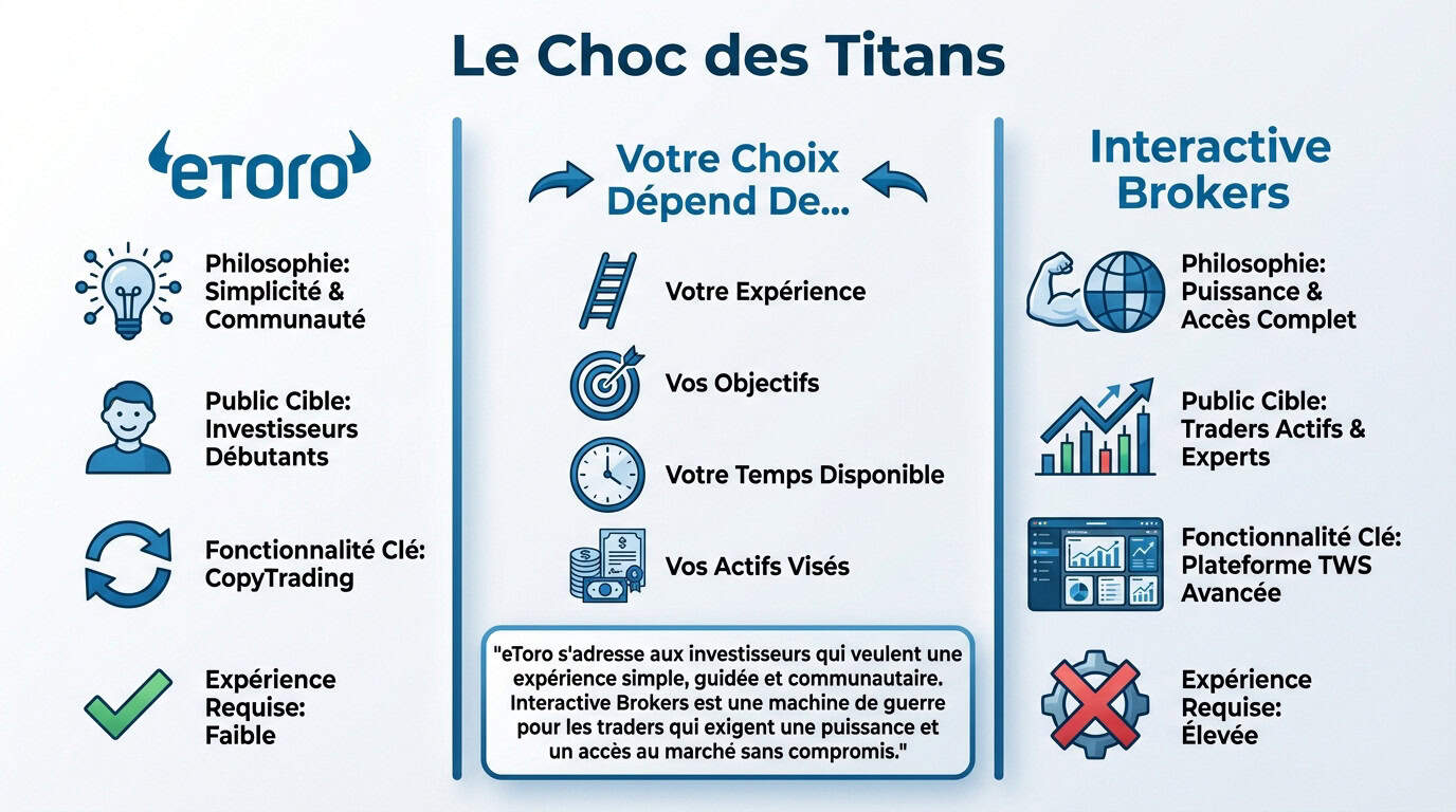 Comparatif visuel entre l'interface mobile d'eToro et la station de trading professionnelle d'Interactive Brokers
