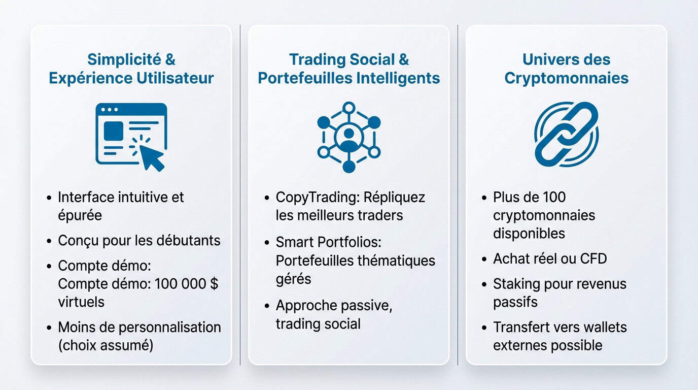 Interface mobile eToro montrant des graphiques de trading simplifiés et des options de copytrading