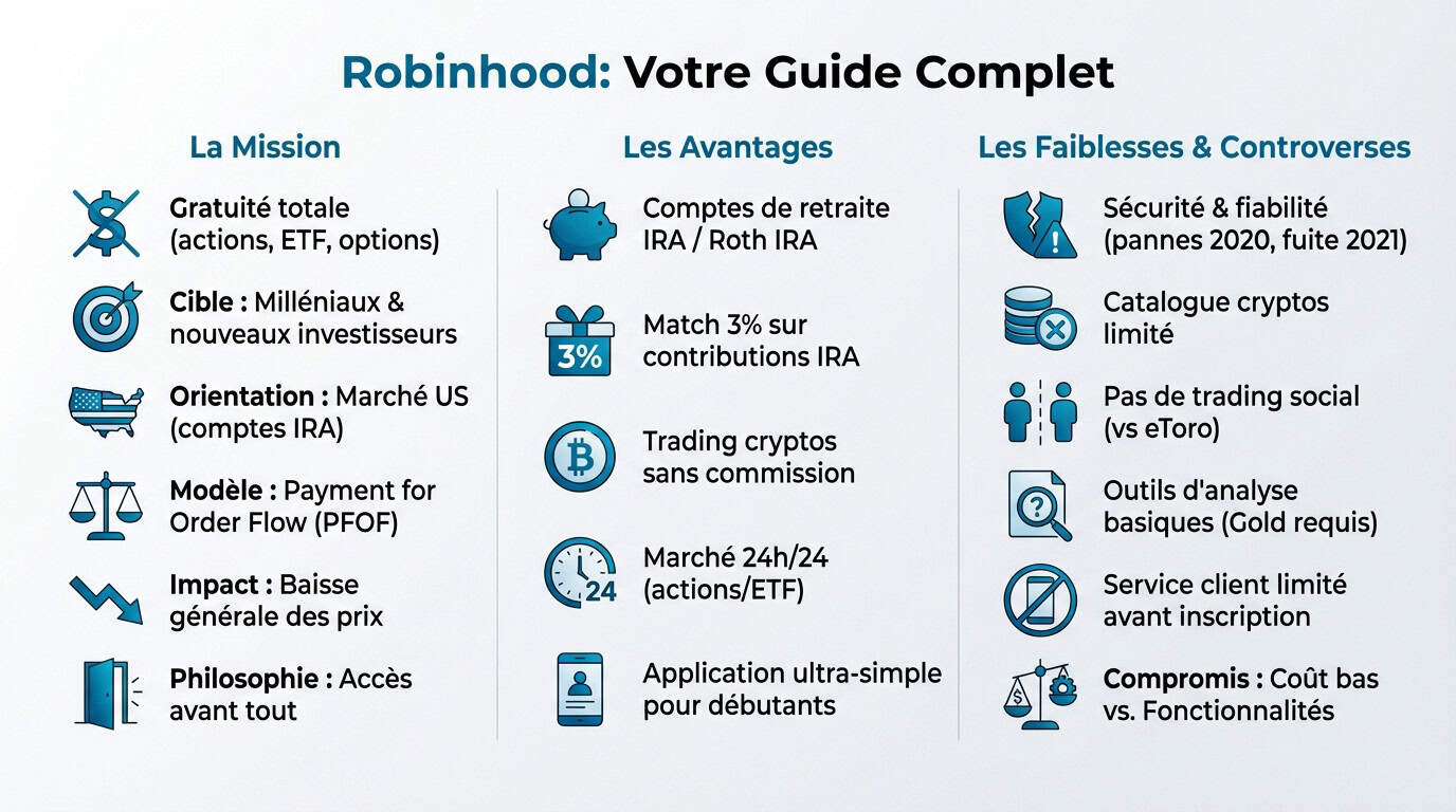 Interface de l'application Robinhood illustrant le trading sans commission et les comptes de retraite