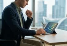 Choisir sa première SCPI selon son profil d’investisseur Thoughtful person analyzing financial growth charts on a tablet at a modern desk. Blurred city background suggests real estate investment and wealth building.