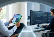 Duel eToro vs Interactive Brokers : Le choc des titans Split image: left, man on tablet with social trading; right, woman on multi-monitors with complex charts. A glowing line connects them.