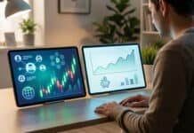 Duel eToro vs Robinhood : Le comparatif complet 2026 A person thoughtfully views two digital tablets side-by-side, displaying cryptocurrency charts, social feeds, stock graphs, and financial icons.