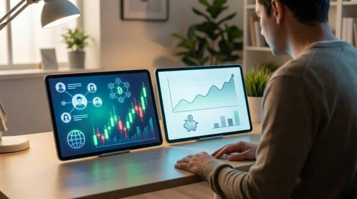 Strategic Financial Comparison on Dual Digital Screens A person thoughtfully views two digital tablets side-by-side, displaying cryptocurrency charts, social feeds, stock graphs, and financial icons.