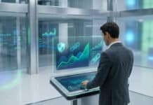 IG est-il Fiable ? Régulation, Sécurité et Garanties en 2026 Man in suit analyzes secure financial data on a glowing holographic display with charts and security symbols in a modern office.