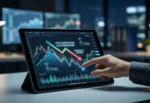 Frais Overnight IG : comment les calculer et les réduire ? Main d'un professionnel analysant un graphique de réduction des coûts et d'économies overnight sur une tablette, dans un bureau.