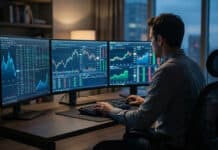 IG et ProRealTime : Guide du meilleur logiciel de Bourse Homme de dos devant 3 écrans affichant des graphiques boursiers et données financières. Il utilise un clavier et une souris, dans un bureau avec vue sur une ville nocturne.