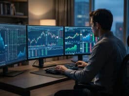 IG et ProRealTime : Guide du meilleur logiciel de Bourse Homme de dos devant 3 écrans affichant des graphiques boursiers et données financières. Il utilise un clavier et une souris, dans un bureau avec vue sur une ville nocturne.