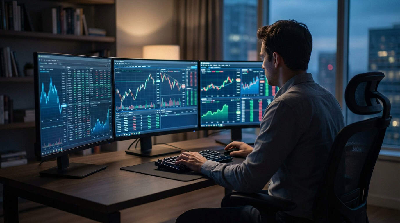 Trader sur plusieurs écrans avec logiciel de bourse Homme de dos devant 3 écrans affichant des graphiques boursiers et données financières. Il utilise un clavier et une souris, dans un bureau avec vue sur une ville nocturne.