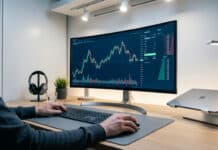 IG trading et TradingView : comment connecter votre compte ? Personne aux mains sur clavier et souris devant un grand écran incurvé affichant des graphiques boursiers verts et rouges. Un casque et un MacBook sont sur le bureau.