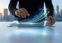 IG PEA 2026 : date de lancement et offre zéro commission Hands interact with a transparent digital interface showing a rising stock graph, '2026 LAUNCH', and 'ZERO COMMISSION', with a blurred city skyline at dawn.