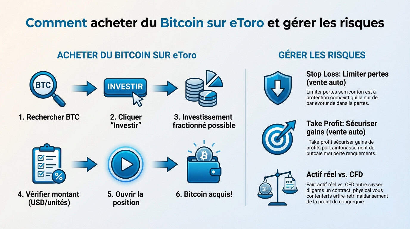 Interface eToro pour l'achat de Bitcoin avec outils de gestion des risques