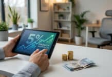 IG Trading rémunération 5% : comment en profiter ? Personne examinant un tableau de bord financier de 5% de croissance sur tablette, avec de l'argent à côté. Scène de bureau moderne.