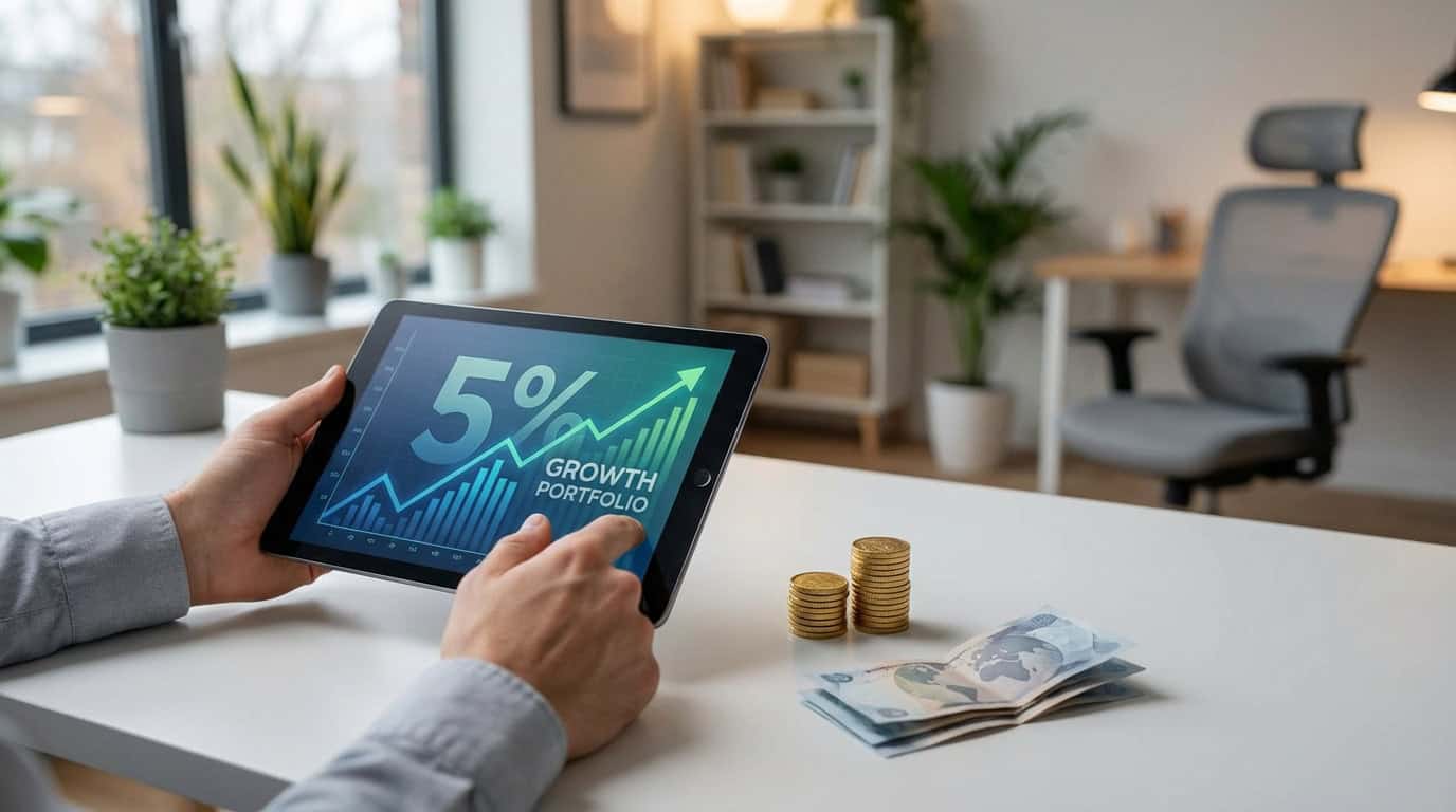 Augmentez votre capital : 5% de croissance avec IG Trading Personne examinant un tableau de bord financier de 5% de croissance sur tablette, avec de l'argent à côté. Scène de bureau moderne.