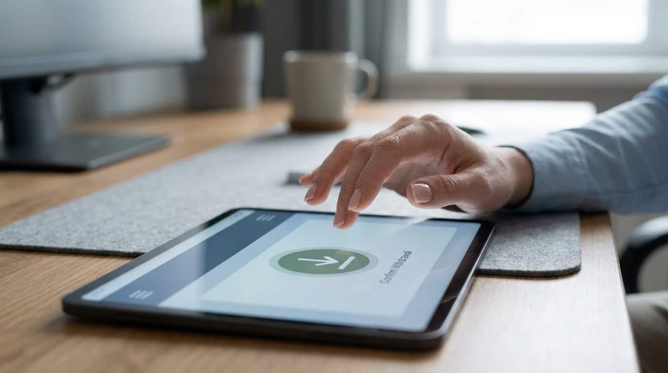 Confirmation de retrait de fonds sur tablette Une main sur une tablette tactile confirme un retrait de fonds. L'écran affiche