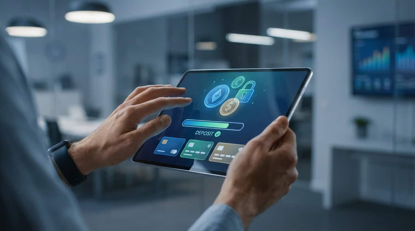 Dépôt sécurisé sur eToro via tablette Une personne effectue un dépôt sur une tablette affichant l'interface eToro avec icônes Ethereum, dollar, cadenas et cartes bancaires.