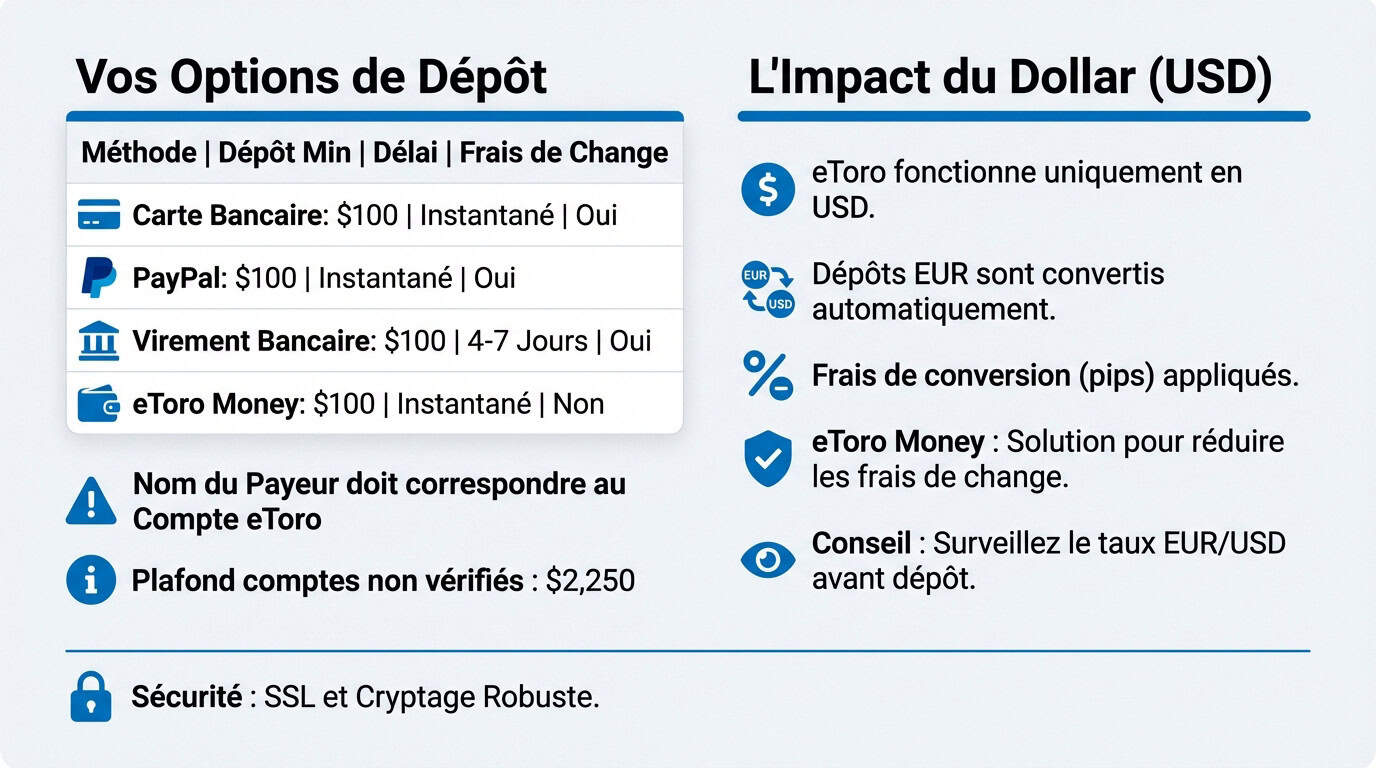 Méthodes de paiement et conversion USD sur eToro