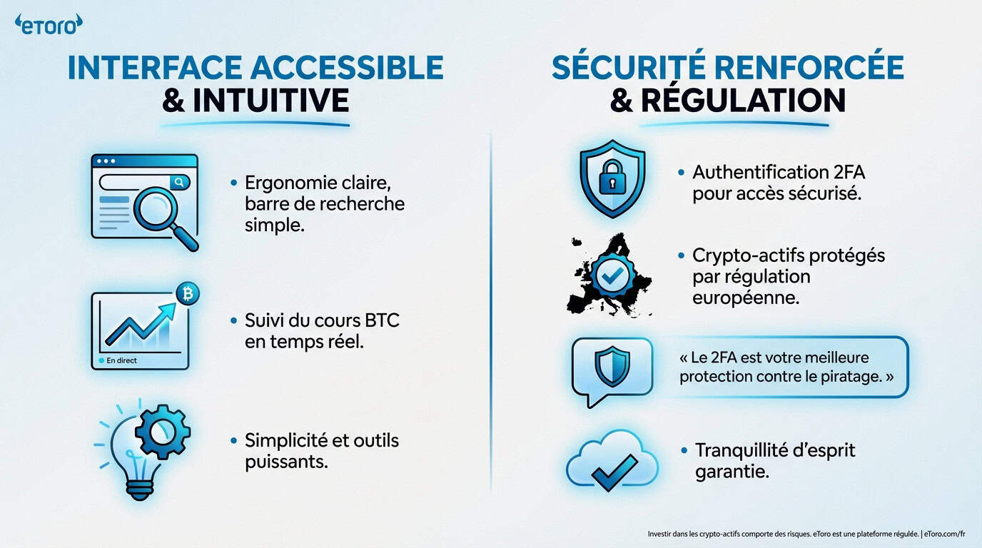 Interface intuitive eToro pour l'achat de Bitcoin et sécurité renforcée