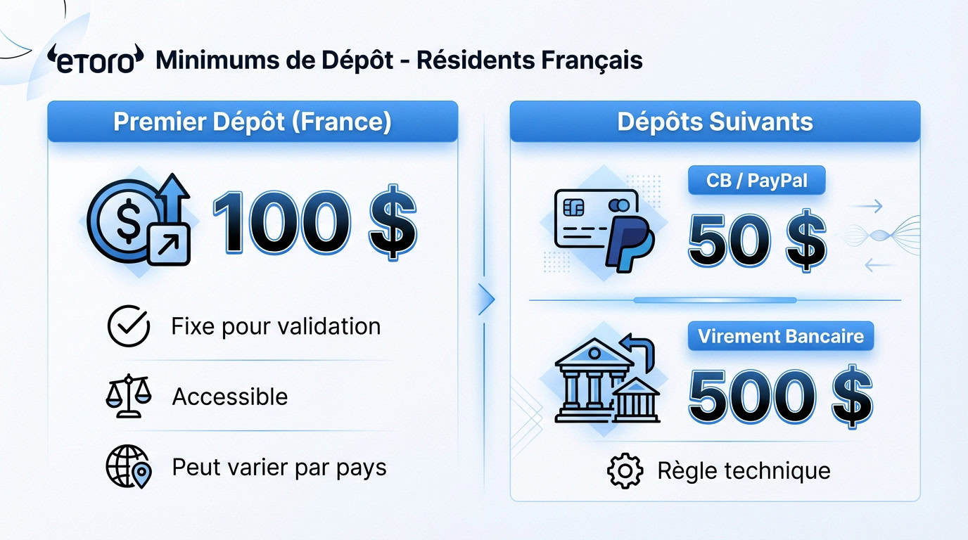 Tableau récapitulatif des montants de dépôt minimum sur eToro pour les résidents français