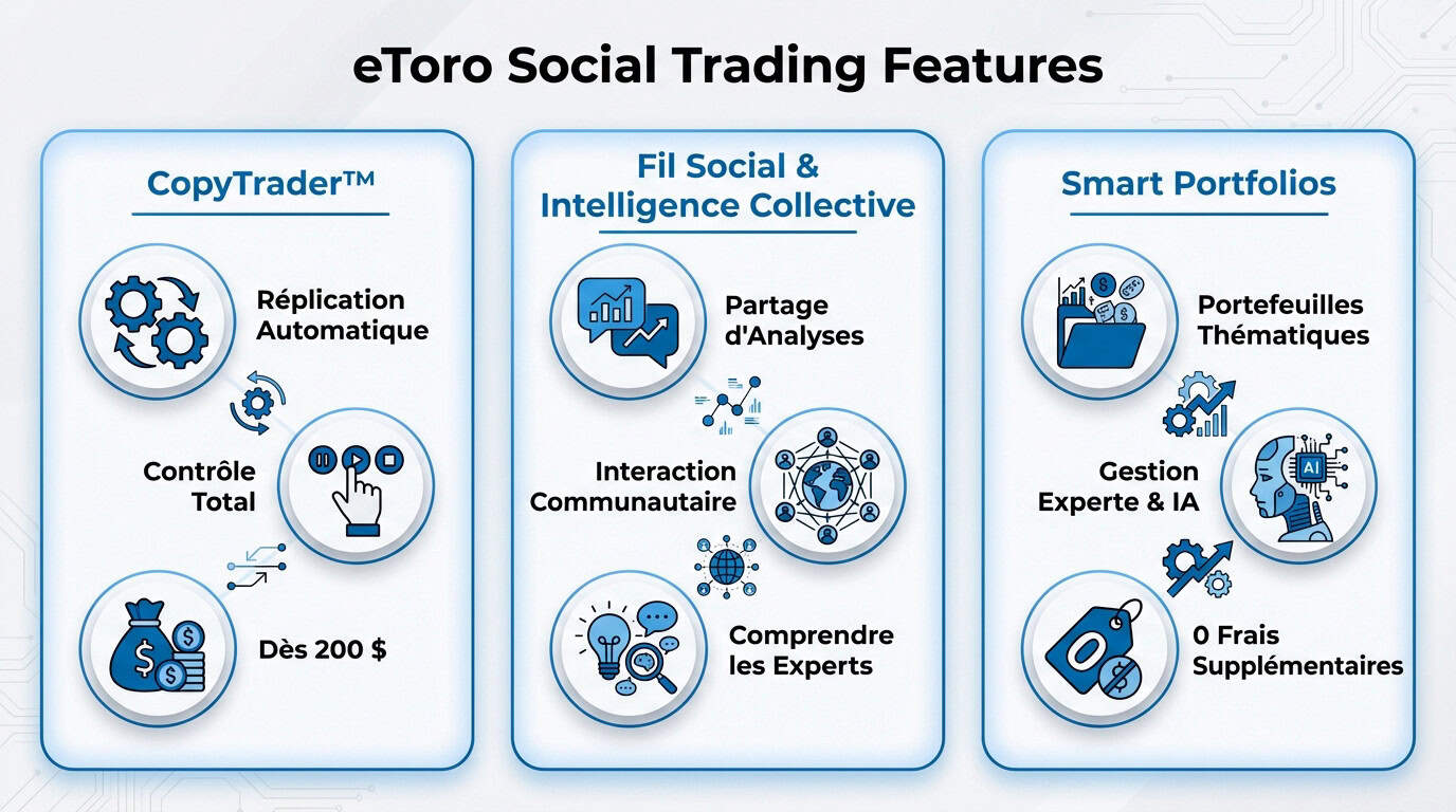 Interface et fonctionnalités de trading social sur eToro