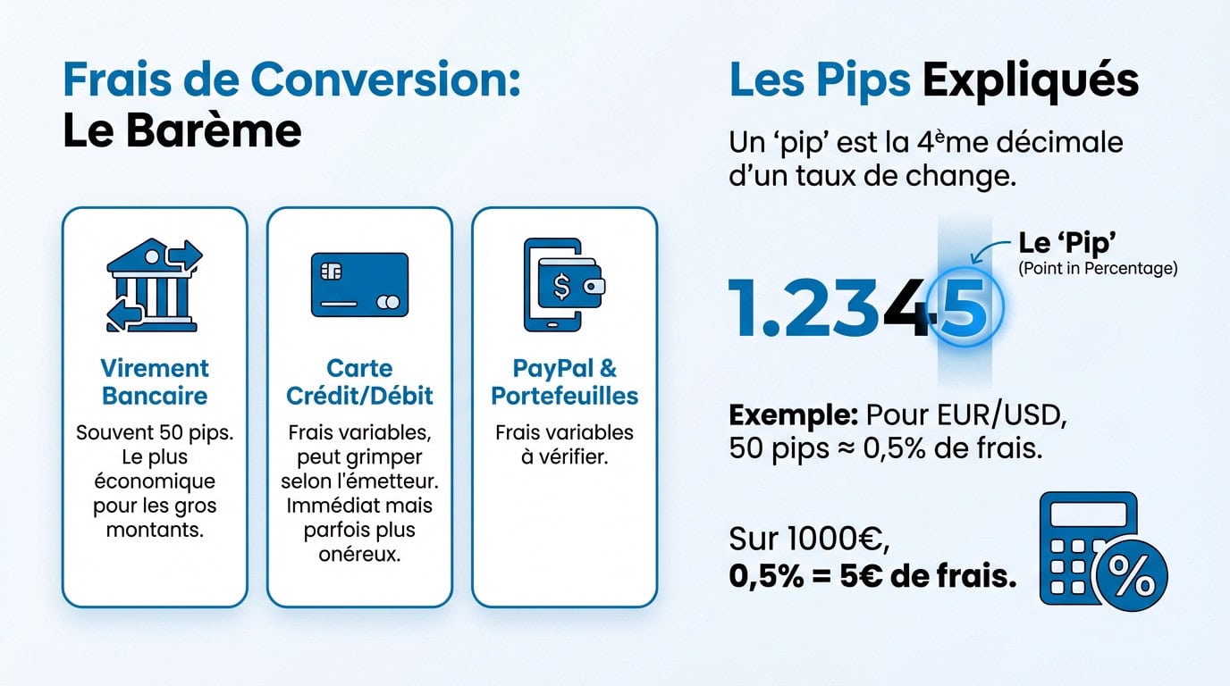 Graphique des frais de conversion eToro et impact des pips