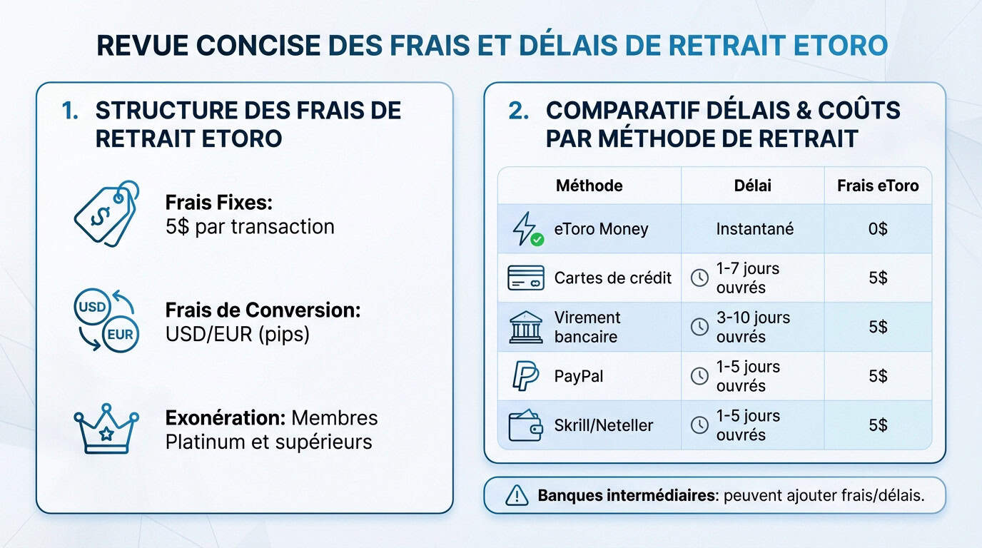 Graphique expliquant les frais et les délais de retrait sur eToro
