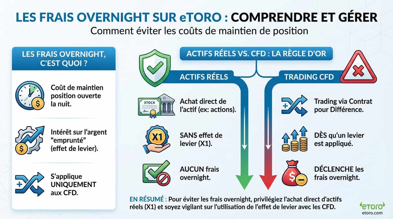 Graphique explicatif des frais de roulement et frais overnight sur eToro