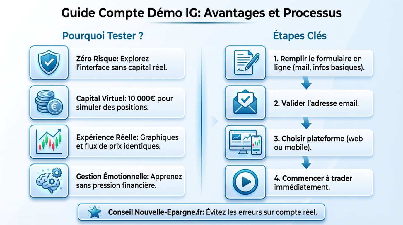 Interface de trading sur le compte démo IG avec graphiques boursiers